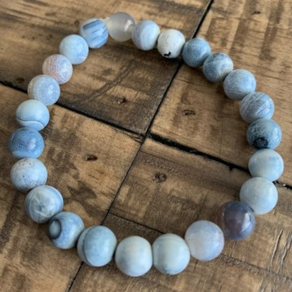 goddess zodiac Jewelry - 8mm Blue & White Denim Agate Chakra Bracelet